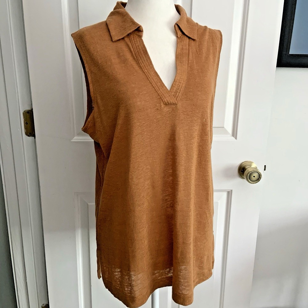 Nicole Miller Linen Popover Sleeveless Shirt Women Sz M Tan Brown Minimalist